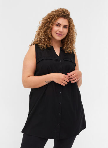 Cotton tunic with buttons and ruffles, Black, Model image number 0