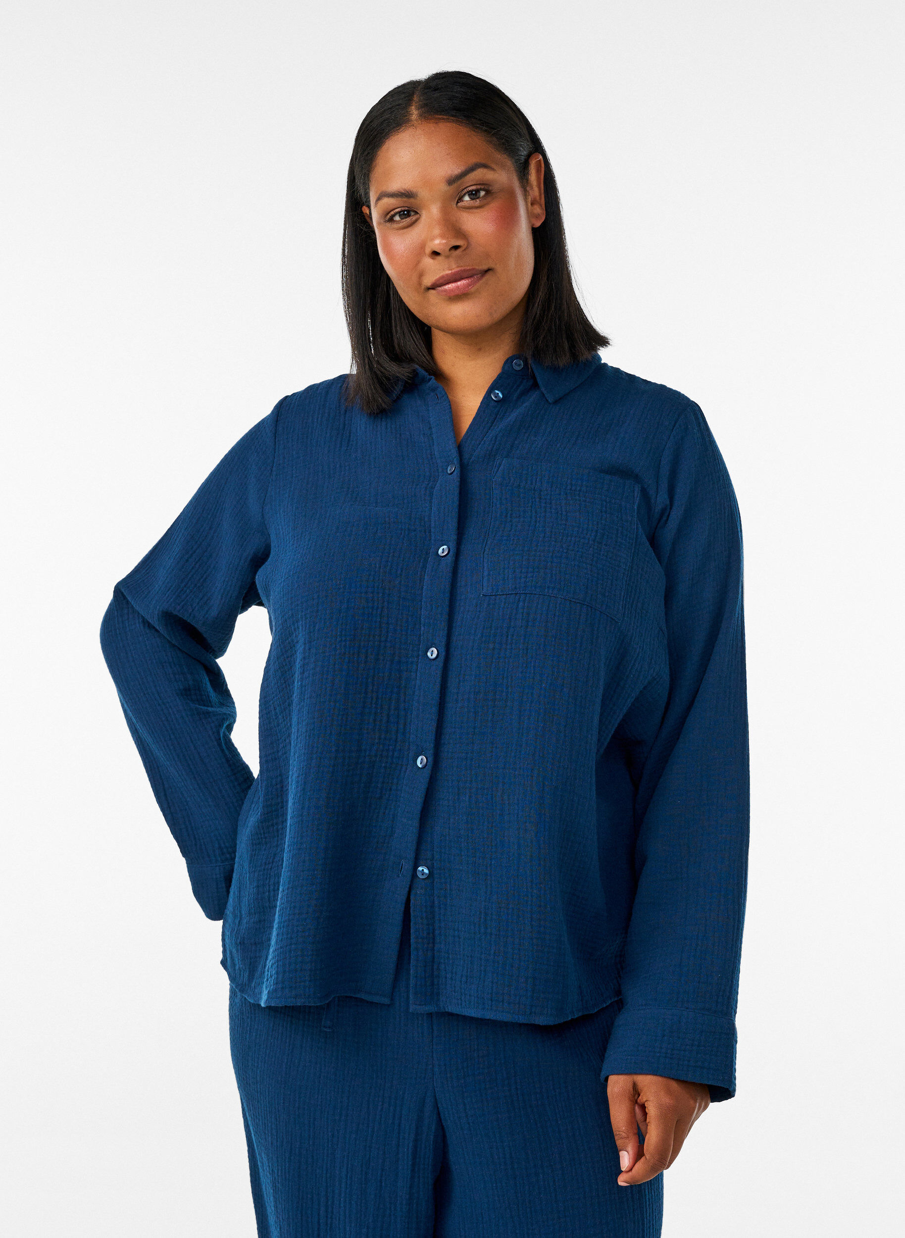 ZizzifashionCotton muslin nightshirt with long sleeves, Blue, Model image number 0