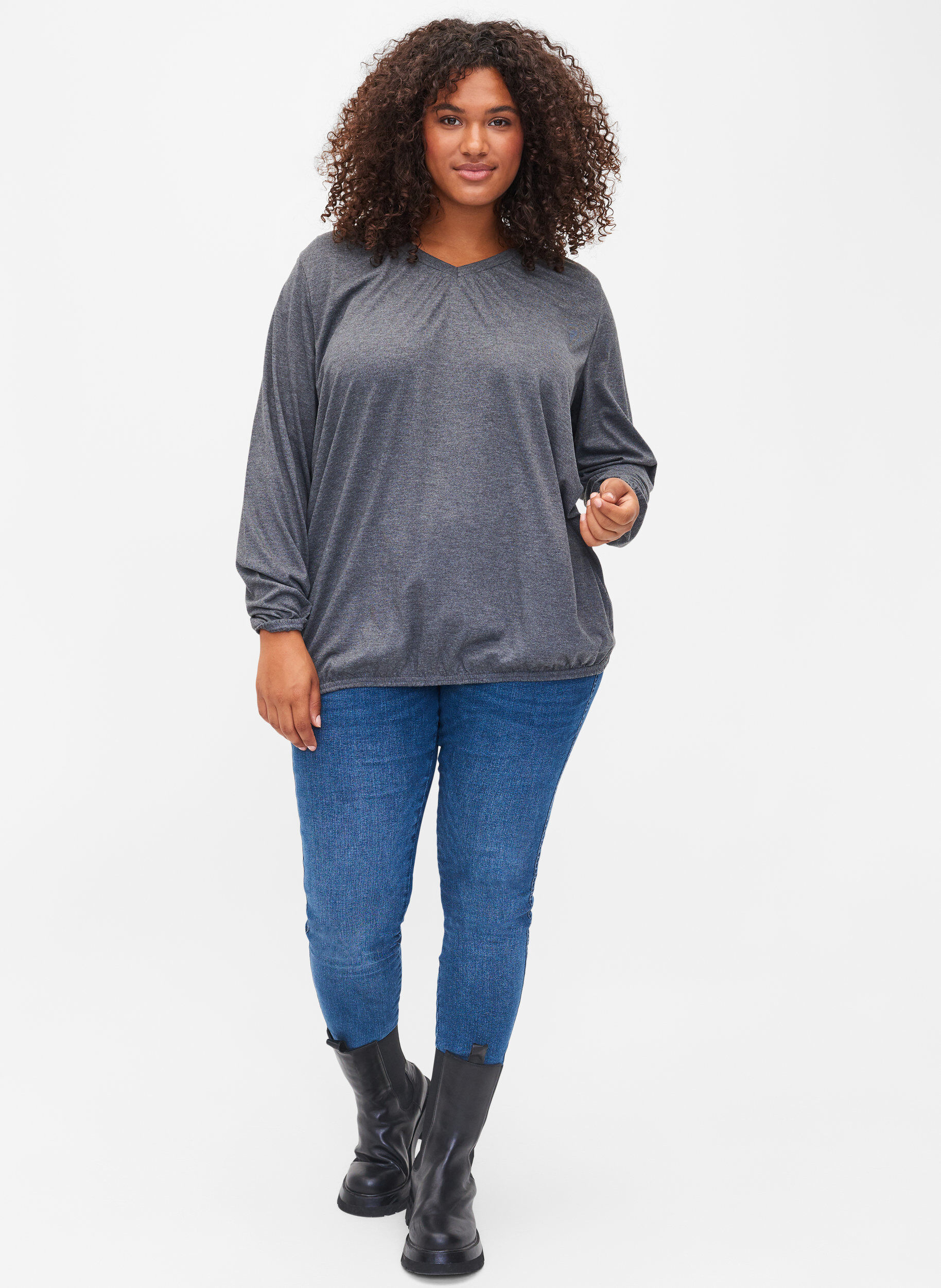 Zizzifashion Melange top with long sleeves and v cutting, Dark Grey Melange, Model image number 2