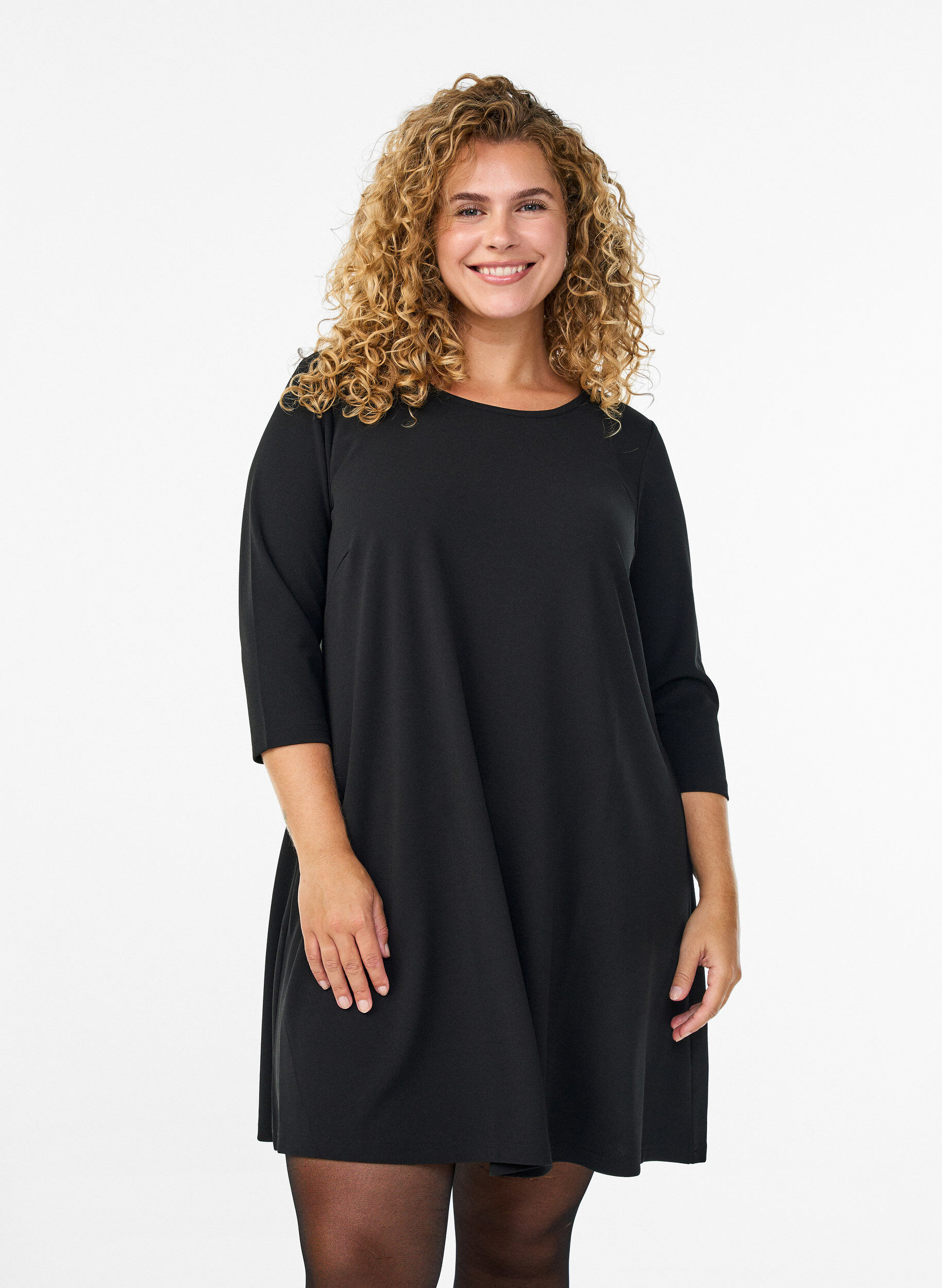 FLASH - Short A-line dress with 3/4 sleeves, Black, Model