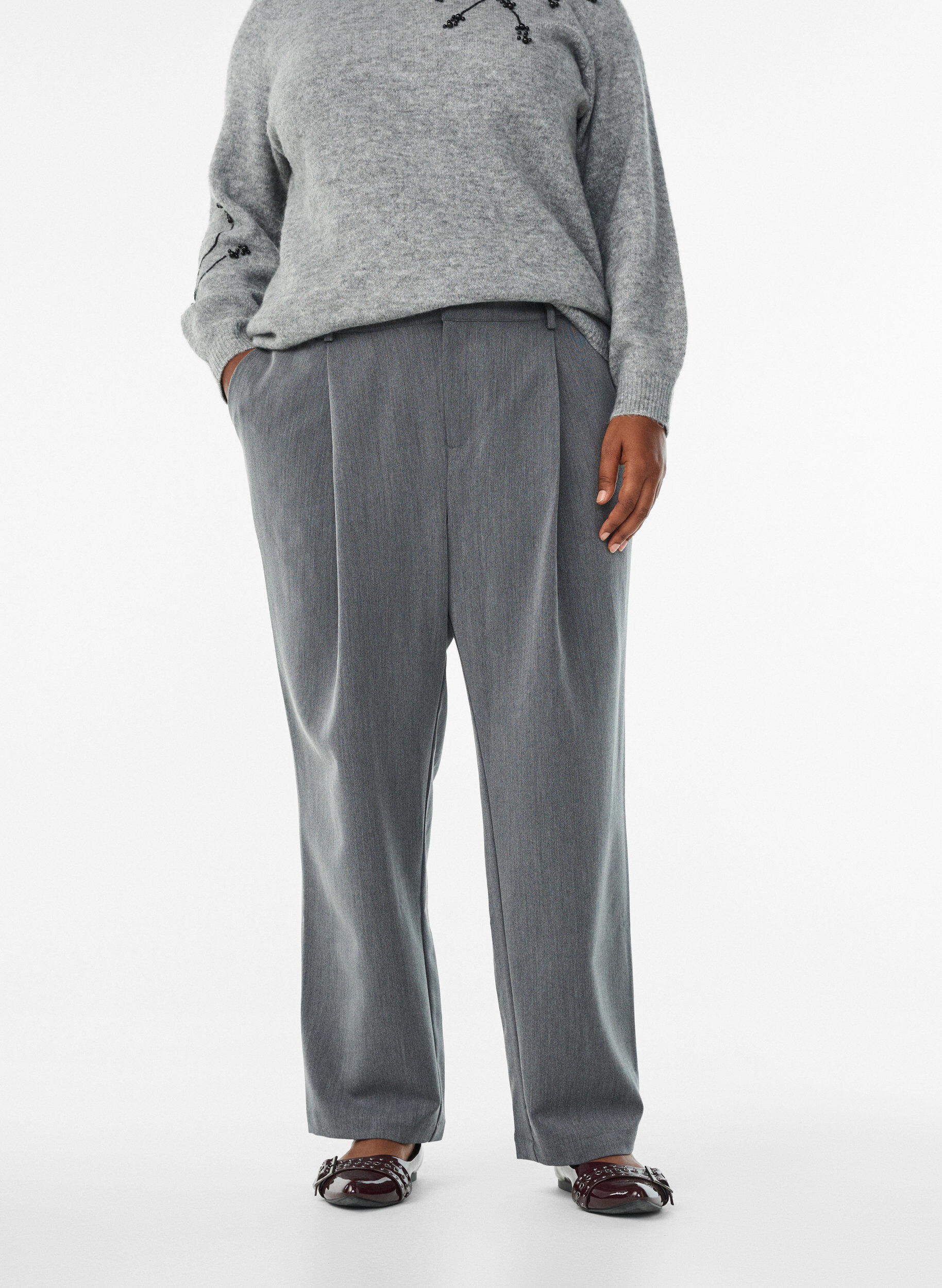 Zizzifashion High-waisted tailored trousers with straight legs, Dark Grey, Model image number 2