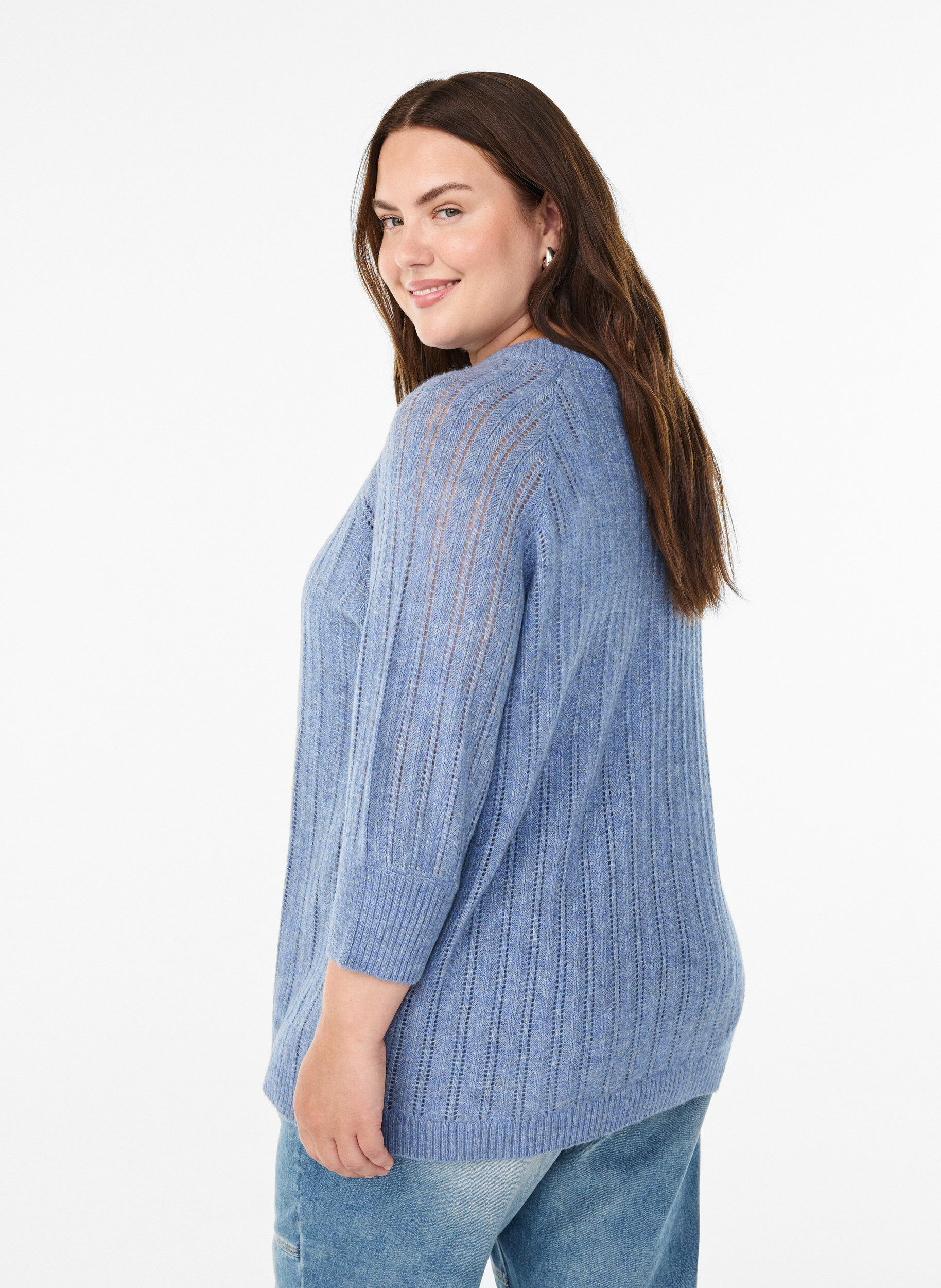 Zizzifashion Loose knit blouse with 3/4 sleeves and openwork pattern, Blue, Model image number 2