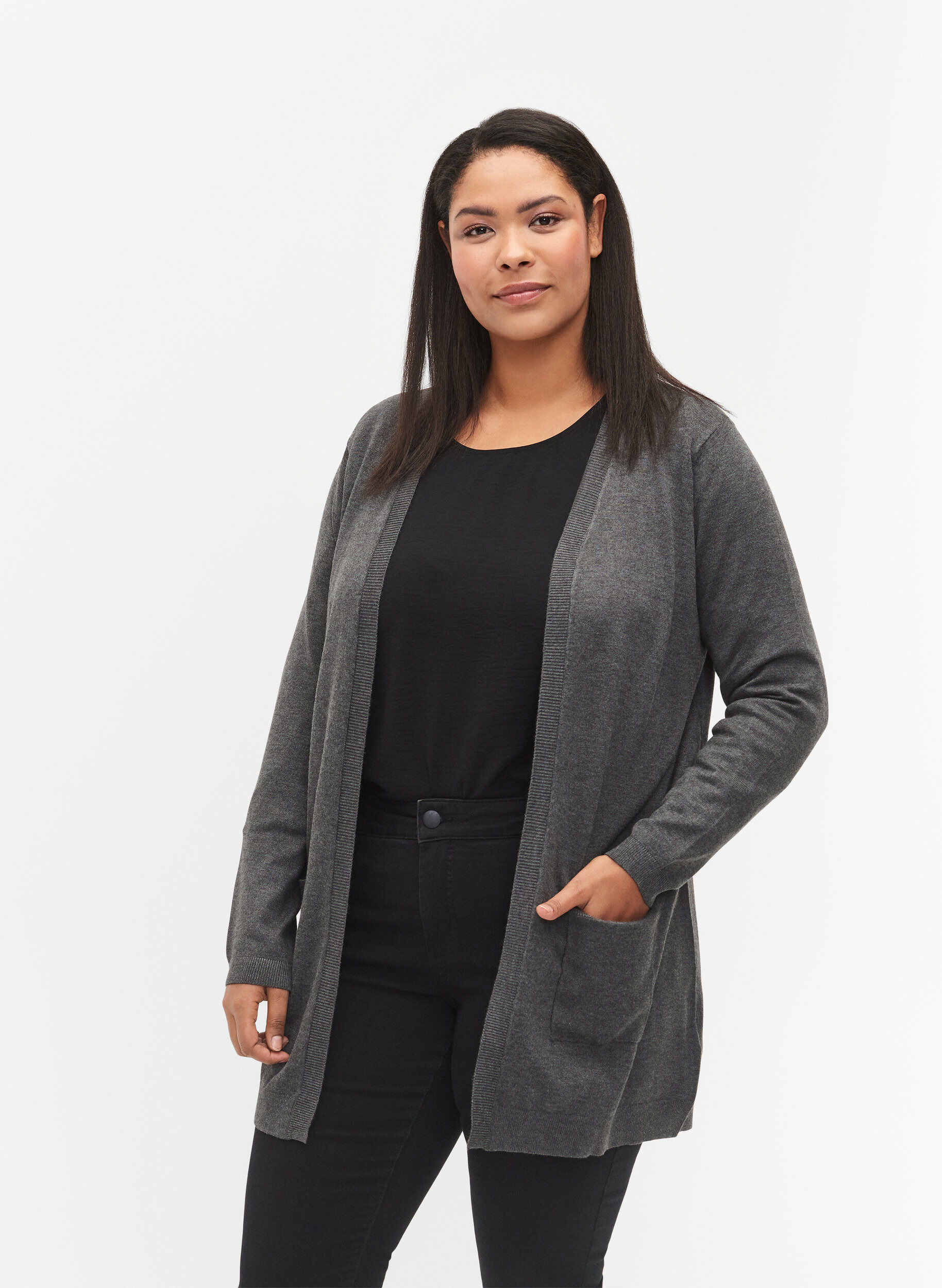 Long knitted cardigan in a viscose blend, Dark Grey, Model