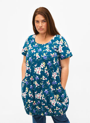 Short-sleeved cotton dress with floral print, Legion Blue AOP, Model image number 0