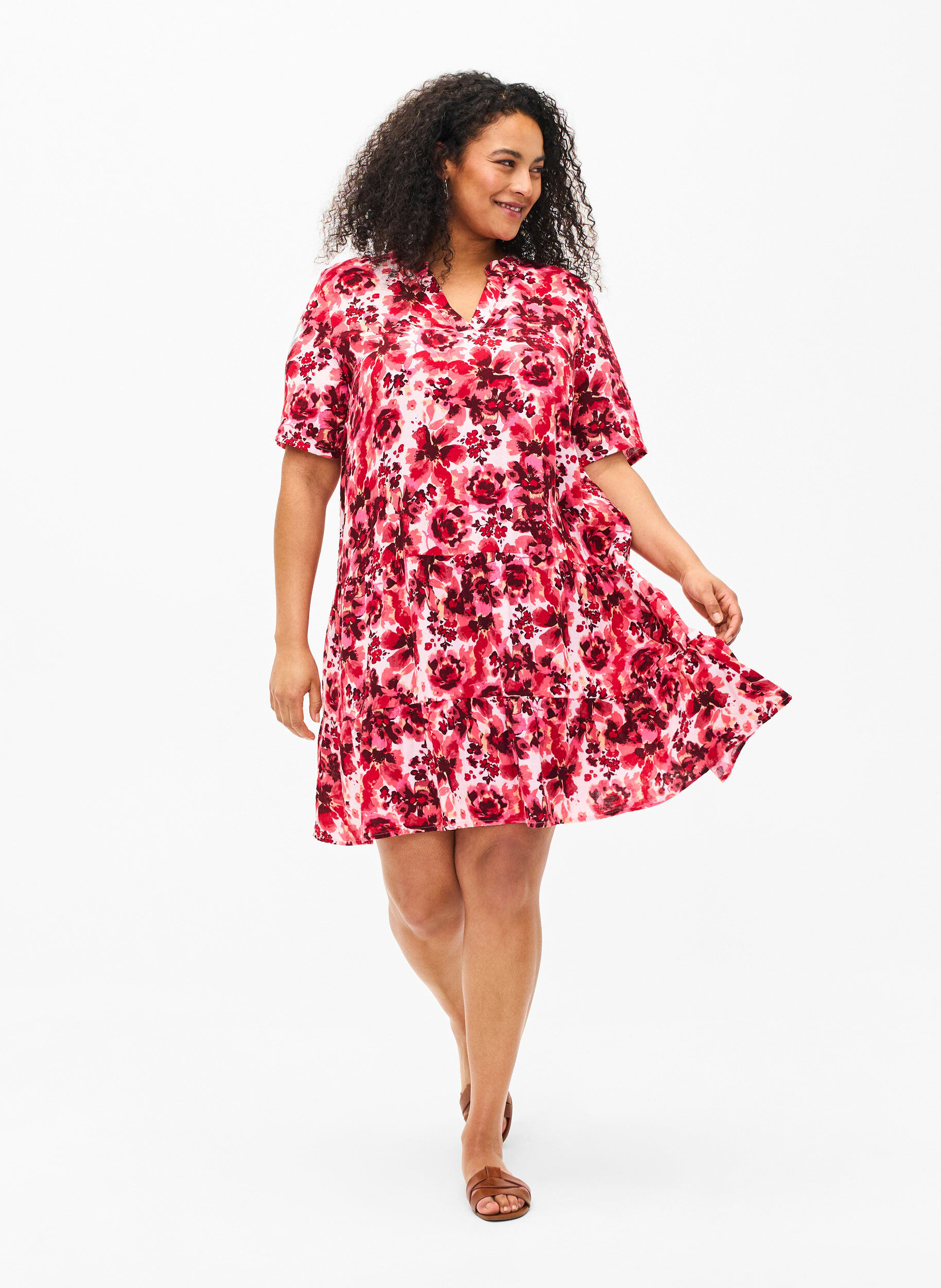 Zizzifashion Cotton dress with floral print, Pink AOP Flower, Model image number 2