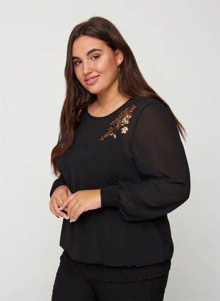 Long-sleeved blouse with smocking and sequins, Black, Model image number 0