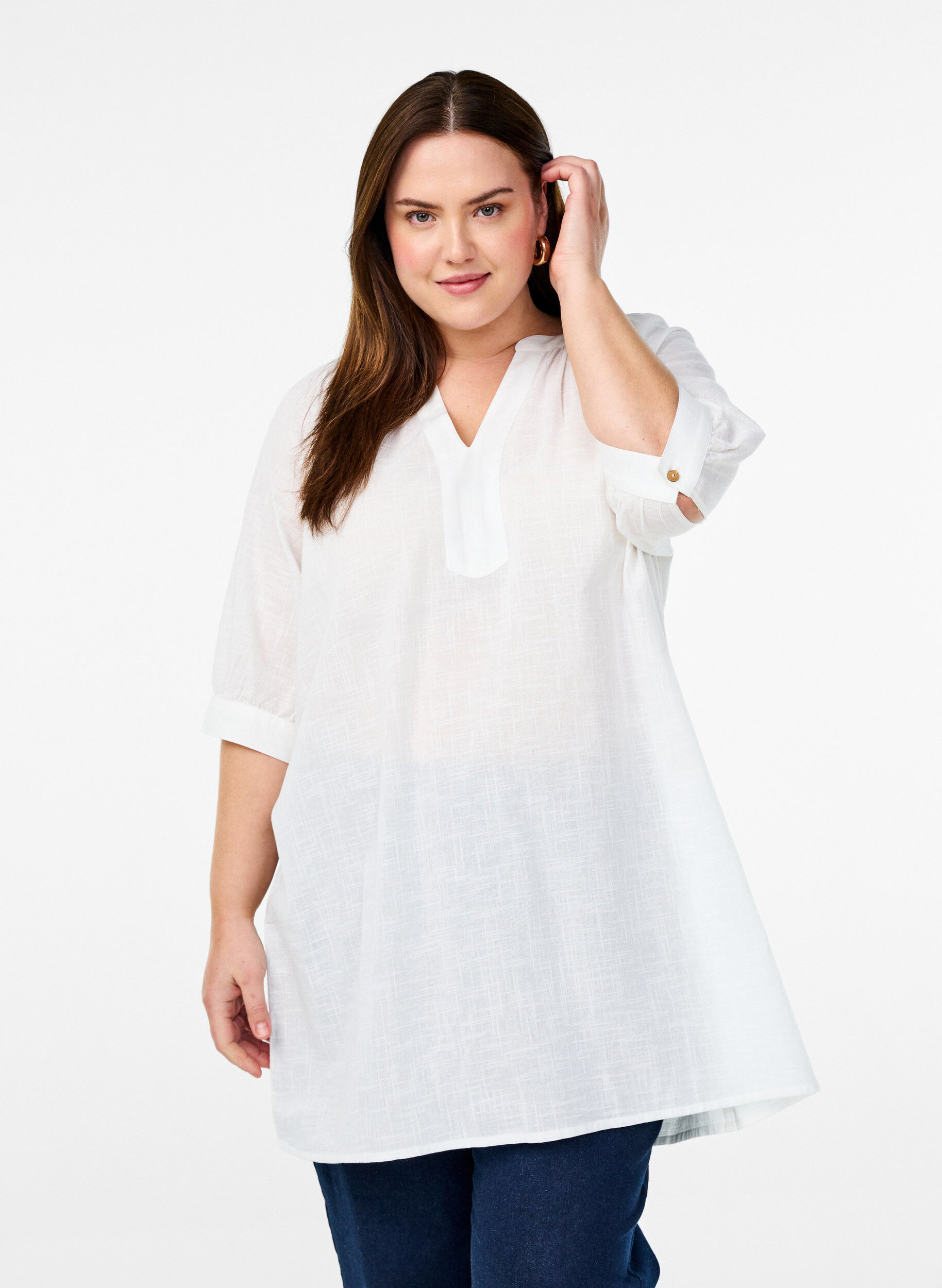 Zizzifashion Cotton tunic with a V-neck, White, Model image number 0
