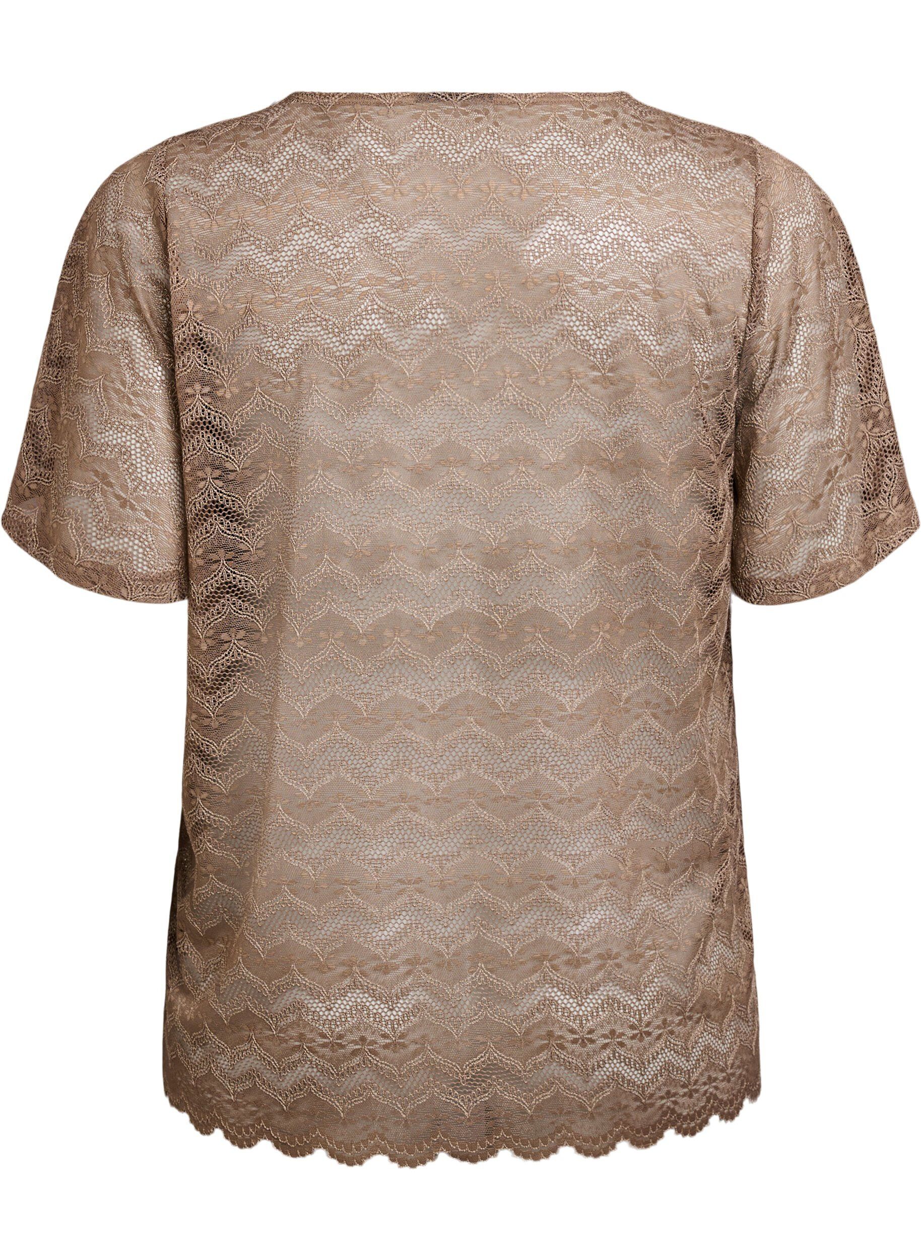 Zizzifashion Lace blouse with short sleeves and scalloped hem, Brown, Packshot image number 1