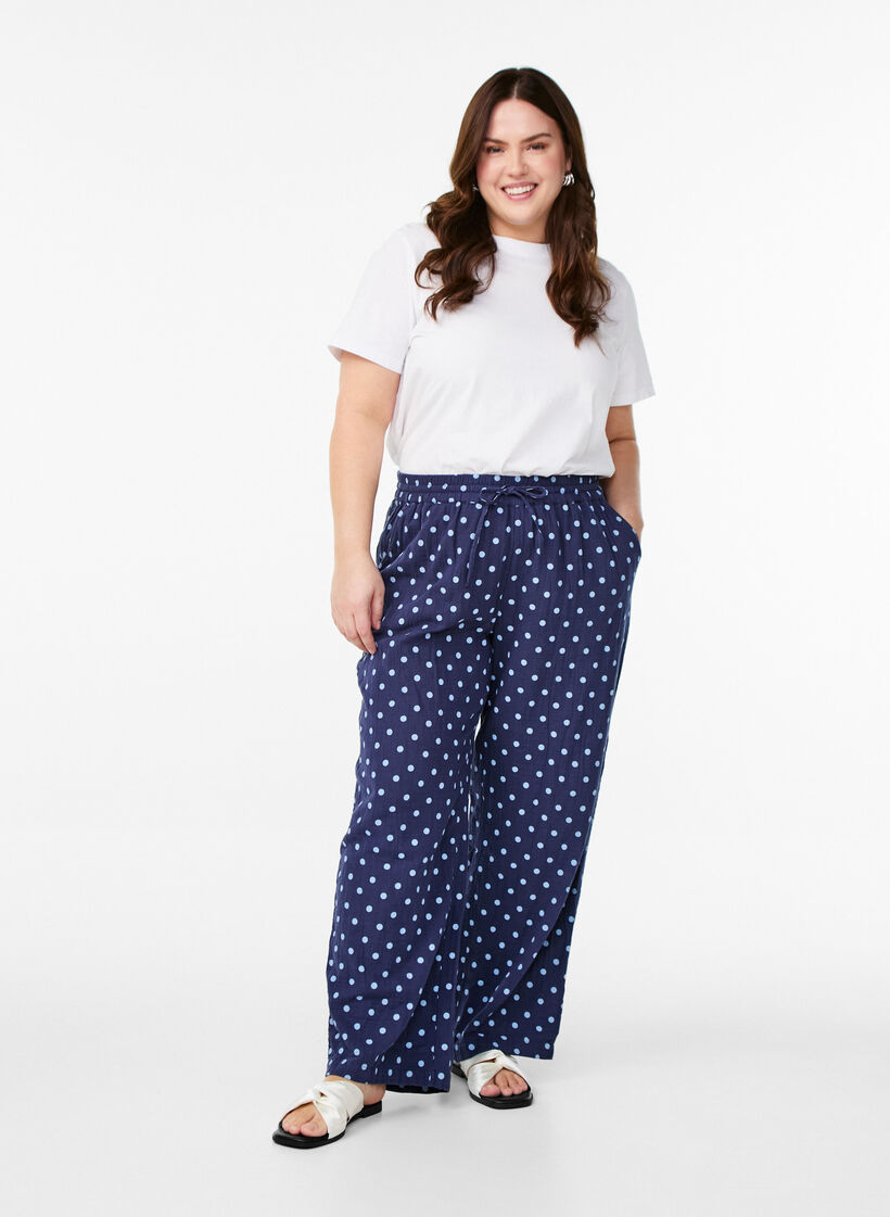 Loose trousers in cotton muslin with polka dots, Blue, Model image number 0