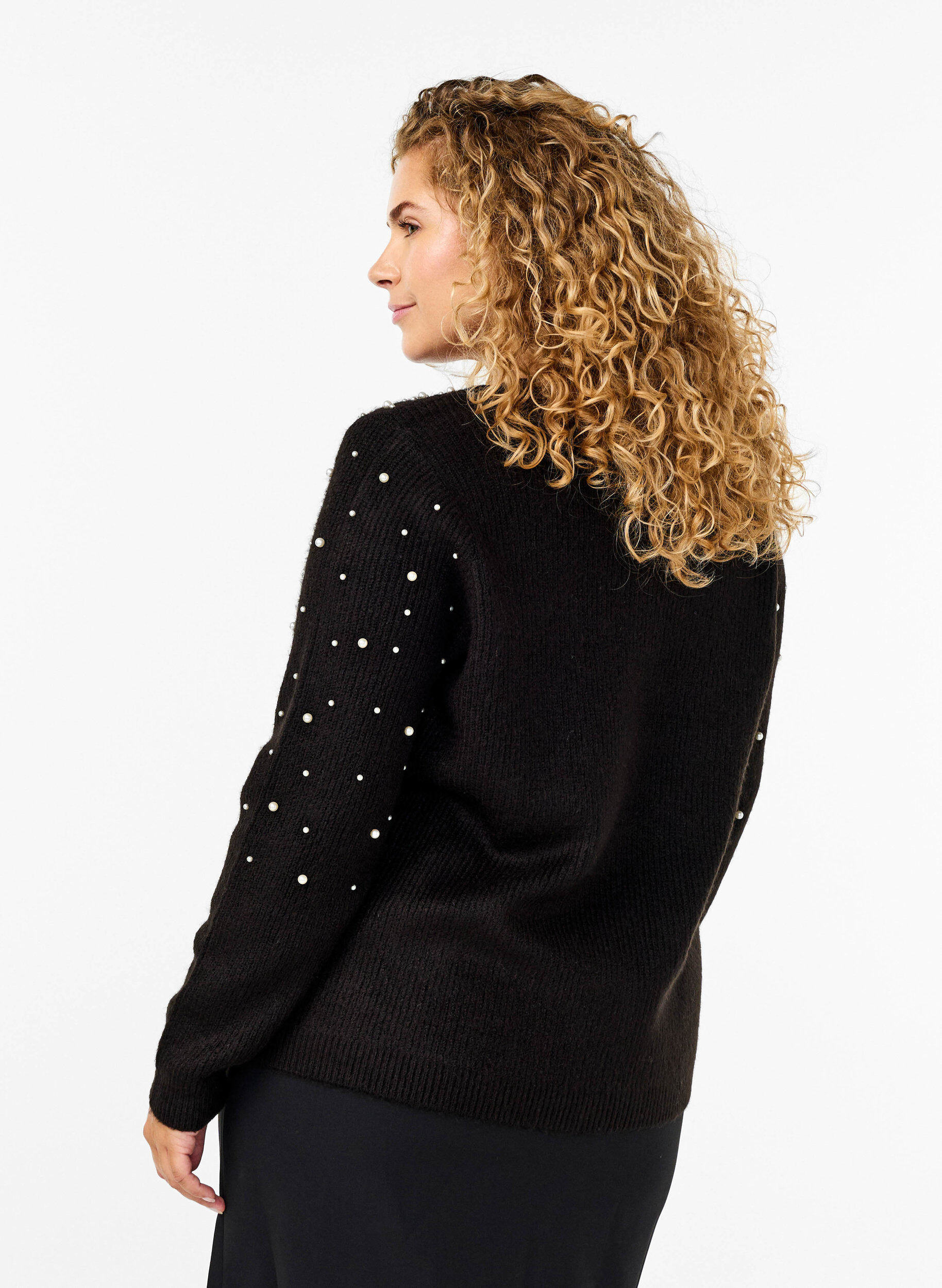 Zizzifashion Knitted cardigan with beads, Black White Pearls, Model image number 1