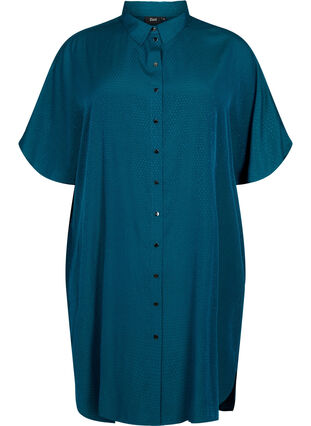 Short-sleeved shirt dress with dotted structure, Deep Teal, Packshot image number 0