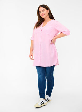 Shirt blouse with V-neck and pockets, Cameo Pink, Model image number 2