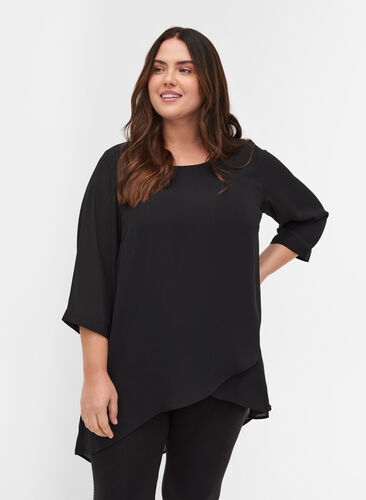Blouse with 3/4-length sleeves and asymmetric hem, Black, Model image number 0