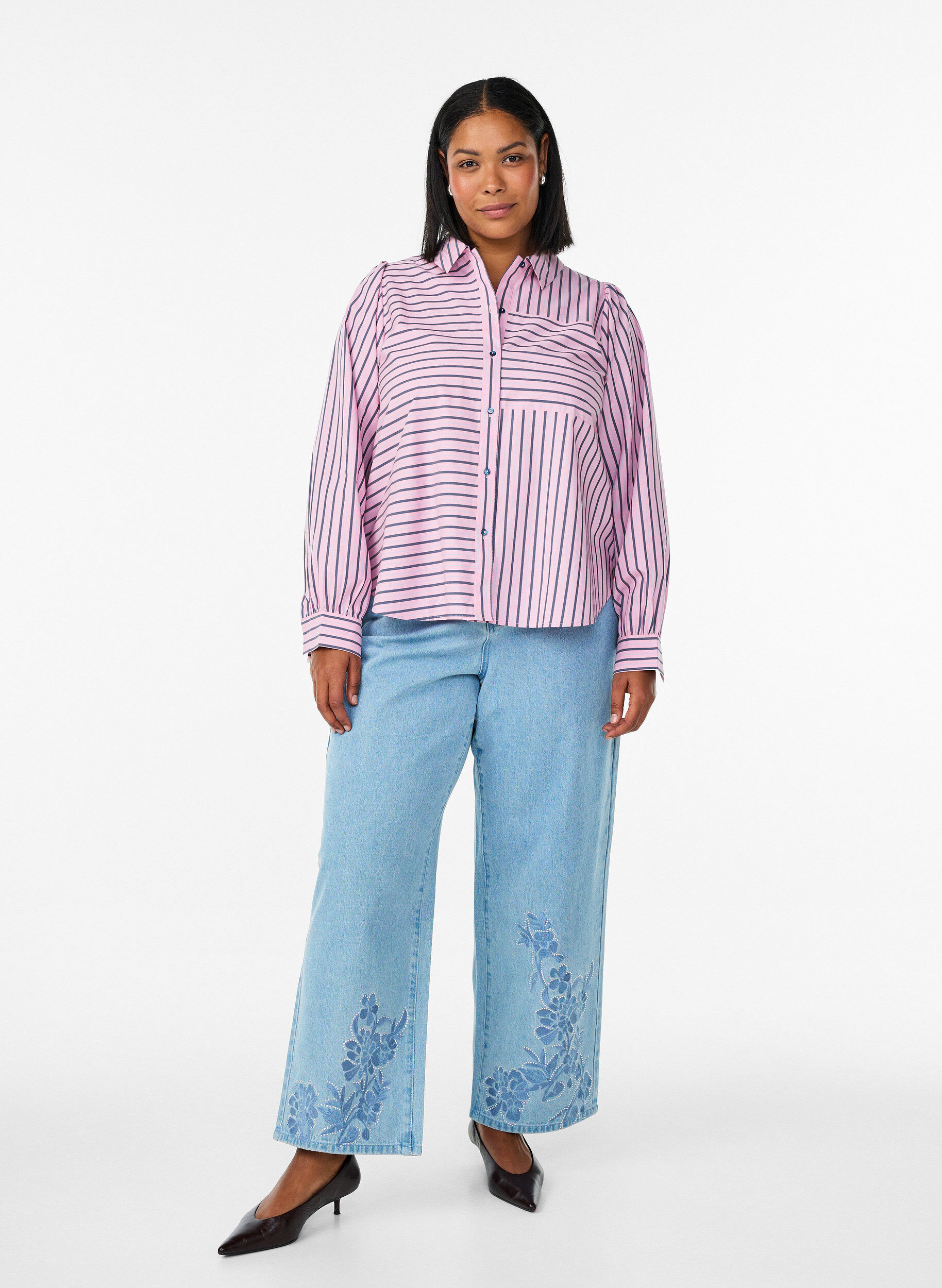 Zizzifashion Striped shirt with a classic collar and long sleeves, Pink, Model image number 1