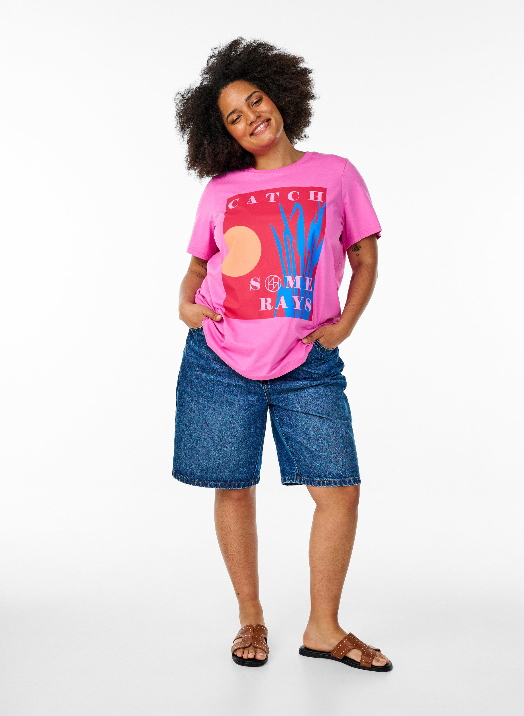 Zizzifashion T-shirt with a graphic summer motif, Pink, Model image number 1