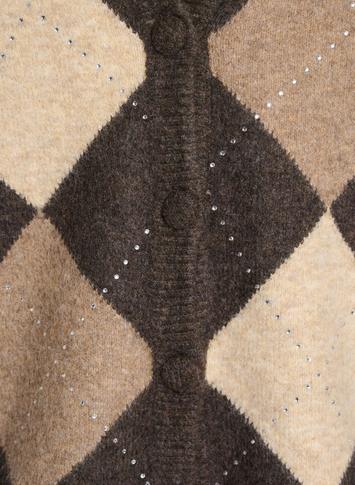 Argyle cardigan with rhinestones, Brown, Packshot image number 2