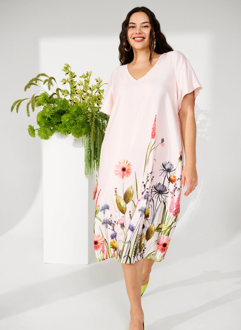 Midi dress with floral print and short sleeves, White Sand, Image