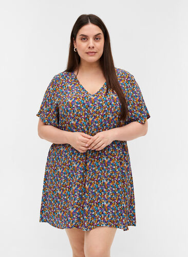 Floral viscose tunic with short sleeves, Ditsy AOP, Model image number 0