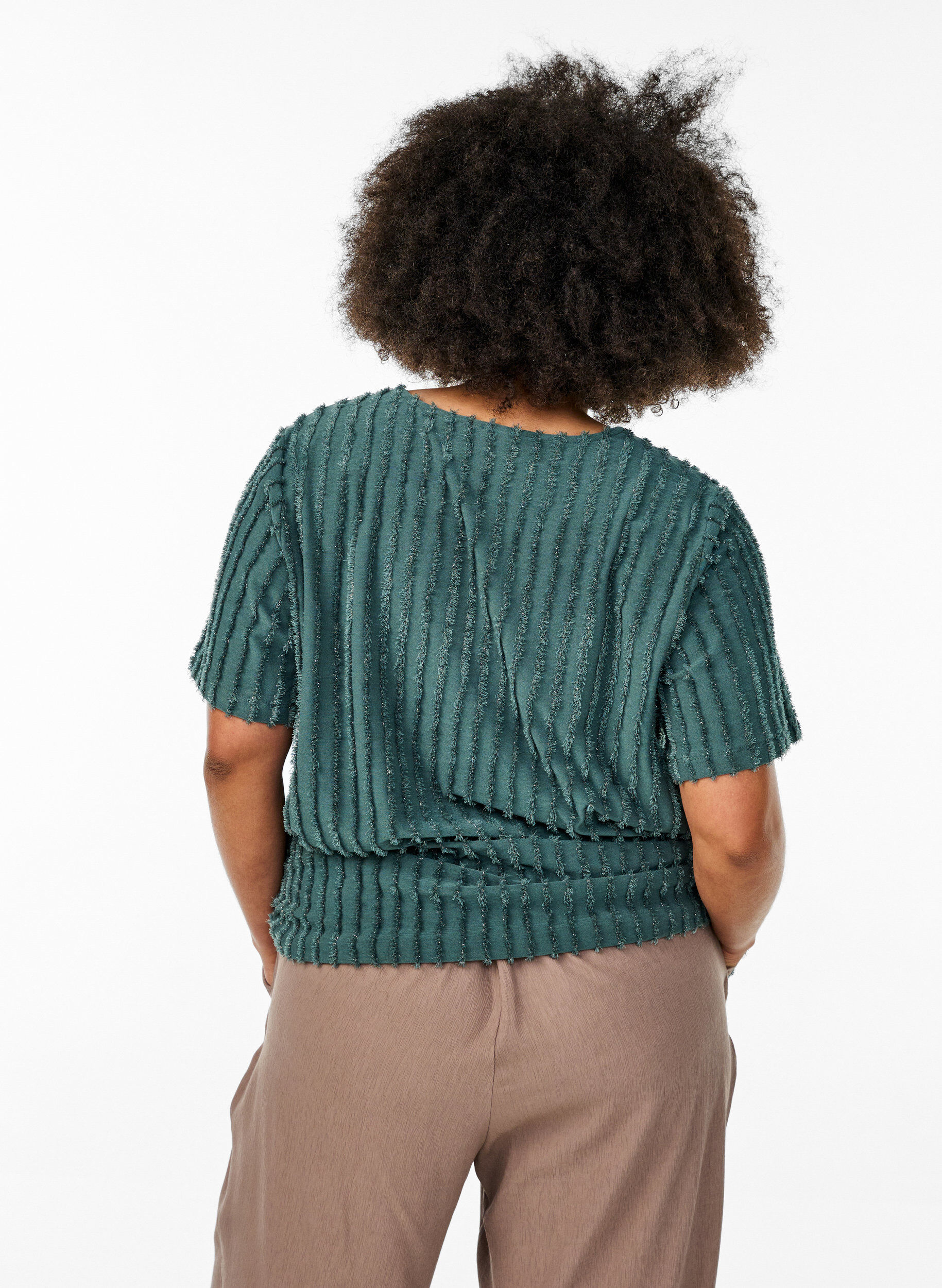 Zizzifashion Blouse with short sleeves and striped texture, Green, Model image number 2