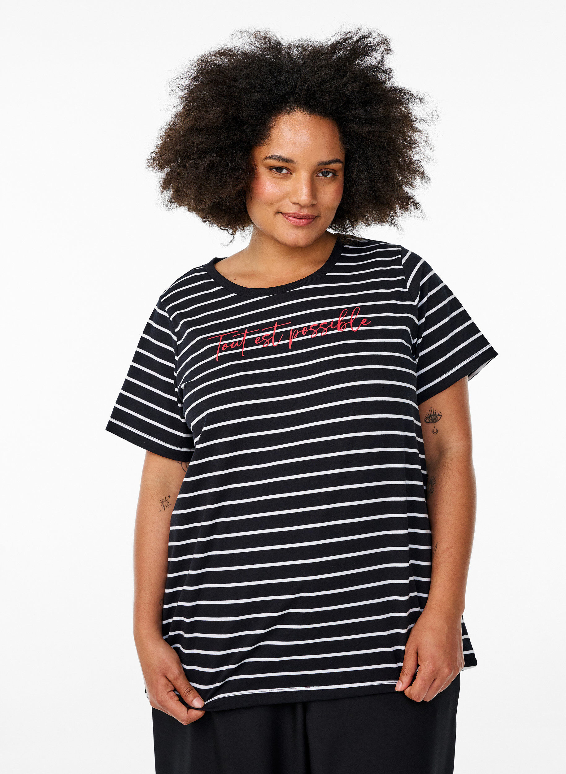 Zizzifashion Striped T-shirt with text print, Black, Model image number 0