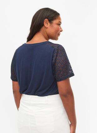 T-shirt with lace sleeves, Navy Blazer, Model image number 1