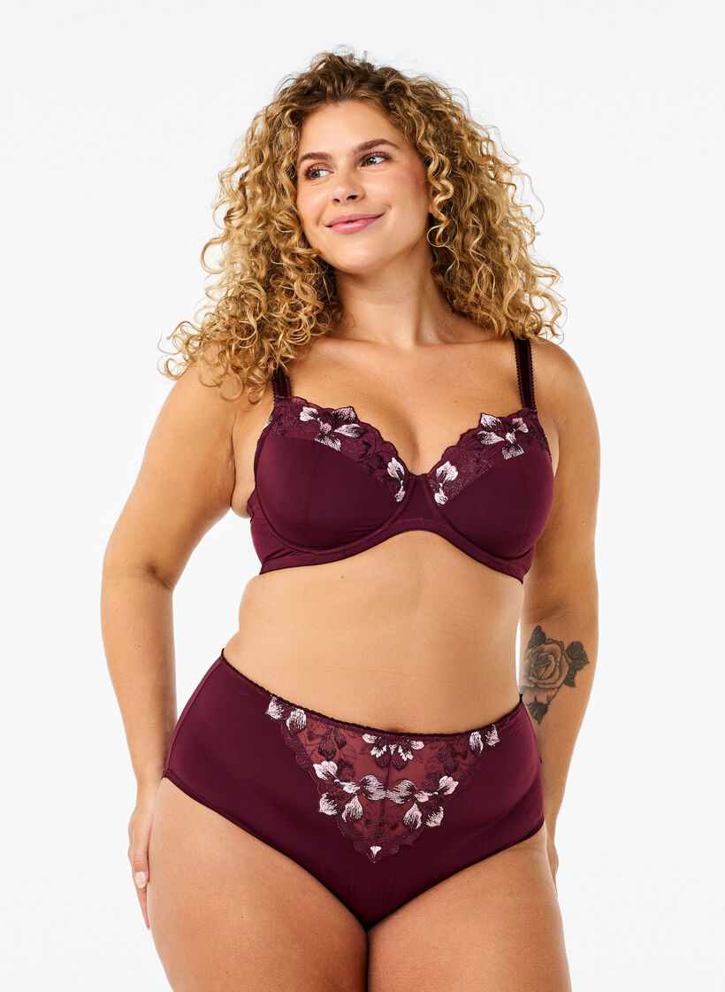 Microfibre panties with floral embroidery, Dark Bordeaux, Model image number 0