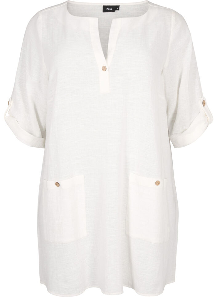 3/4 sleeve cotton blend tunic with linen, Off-White, Packshot image number 0