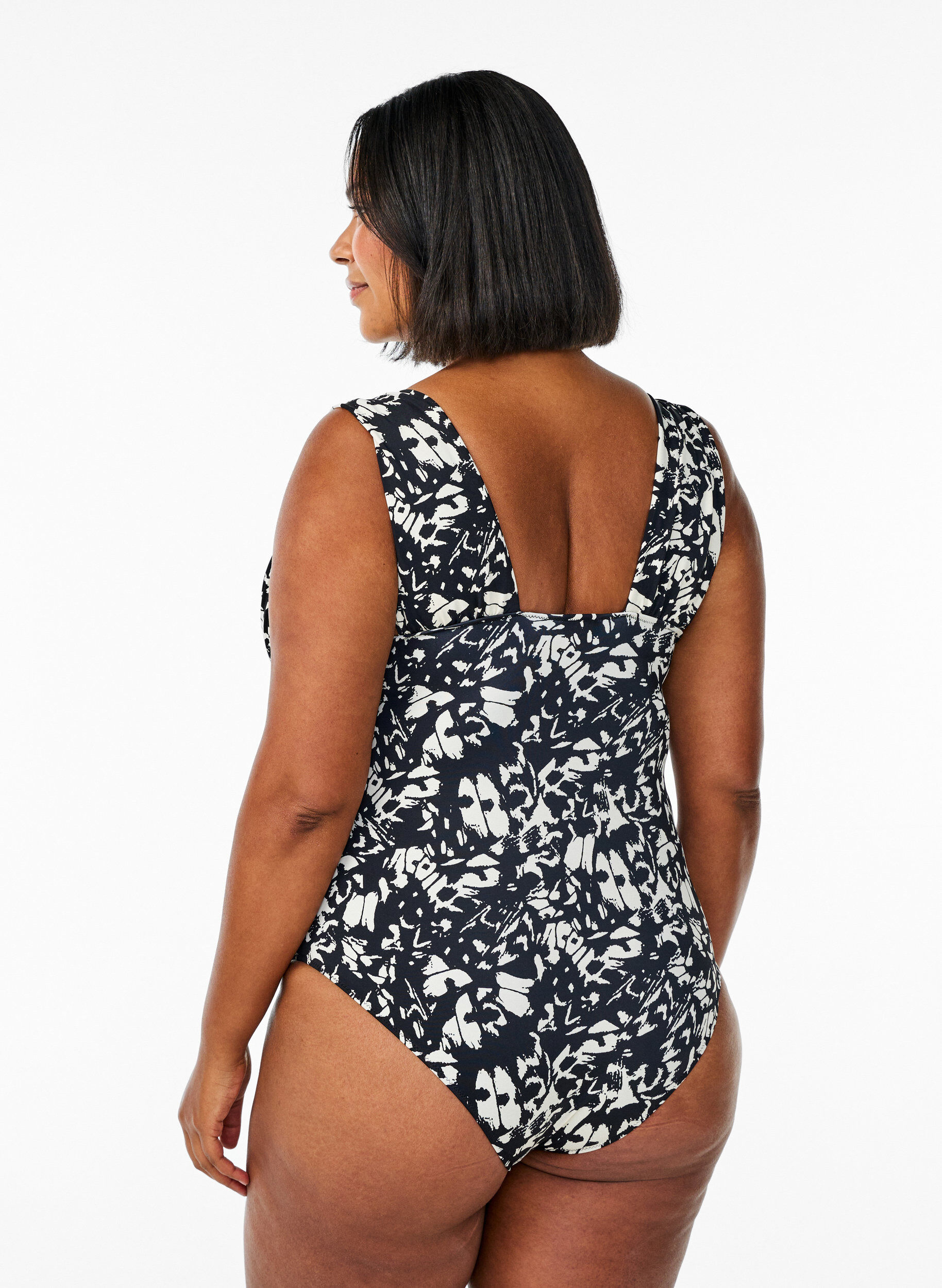 Zizzifashion Patterned swimsuit with deep V-neck, Black, Model image number 2