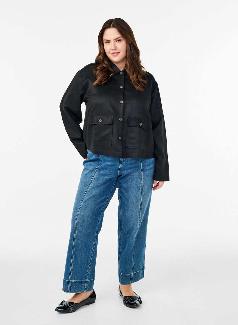 Short faux suede jacket with pockets, Black, Model image number 1