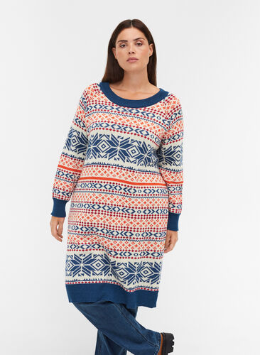 Patterned knitted dress with a round neck and long sleeves, Night Sky Comb, Model image number 0