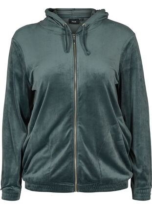 Velour cardigan with zip and hood, Balsam Green, Packshot image number 0