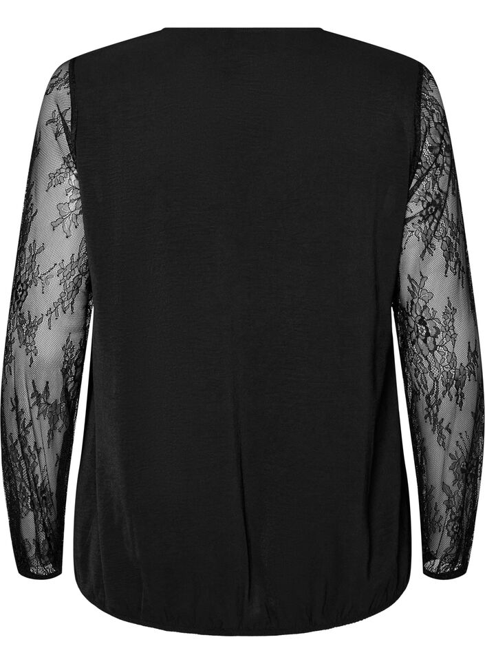 Blouse with lace sleeves and balloon shape, Black, Packshot image number 1