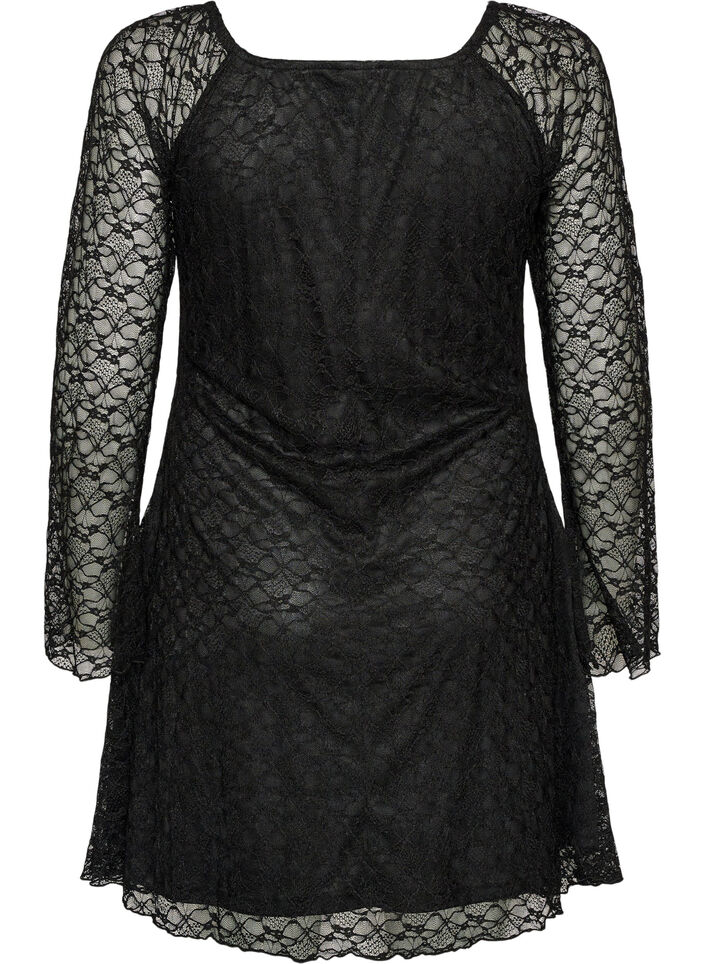 Lace dress with trumpet sleeves and an A-line shape, Black, Packshot image number 1