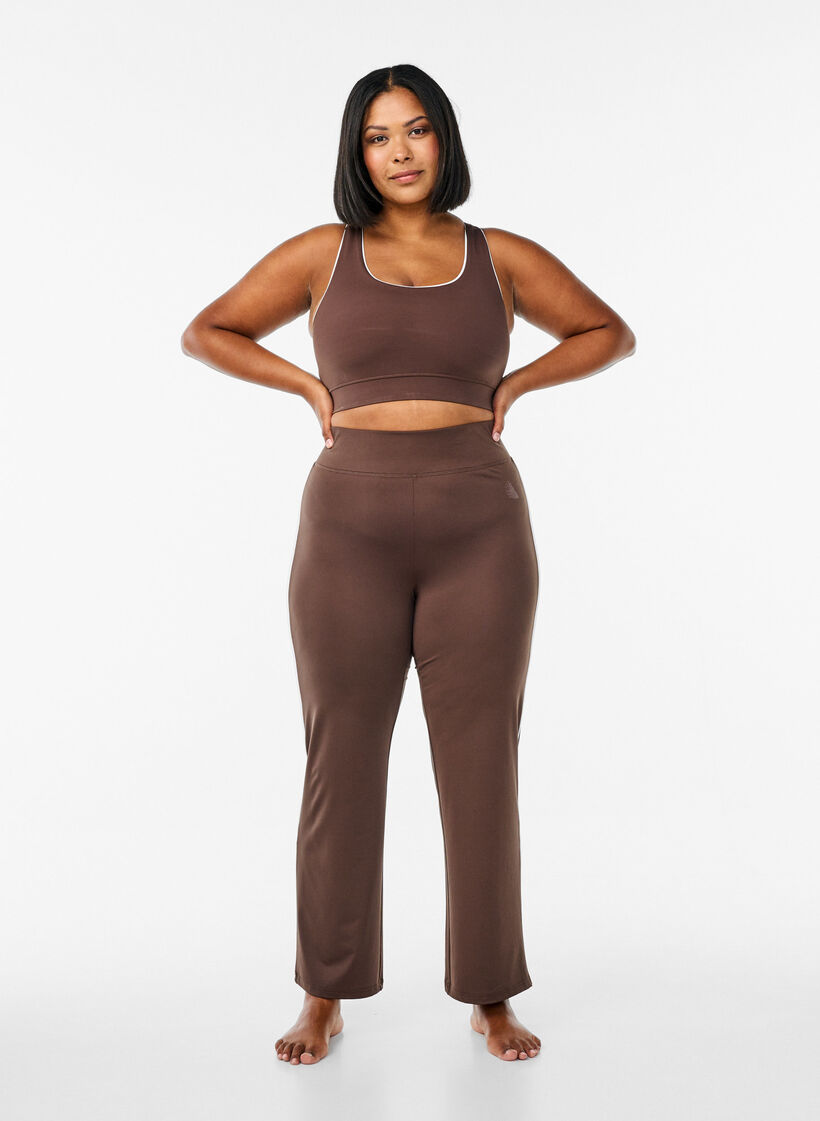 Racerback sports bra with contrast piping, Brown, Model image number 1