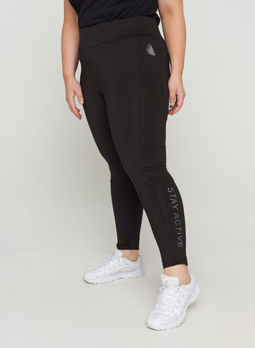 Cropped exercise tights with text print, Black, Model image number 0