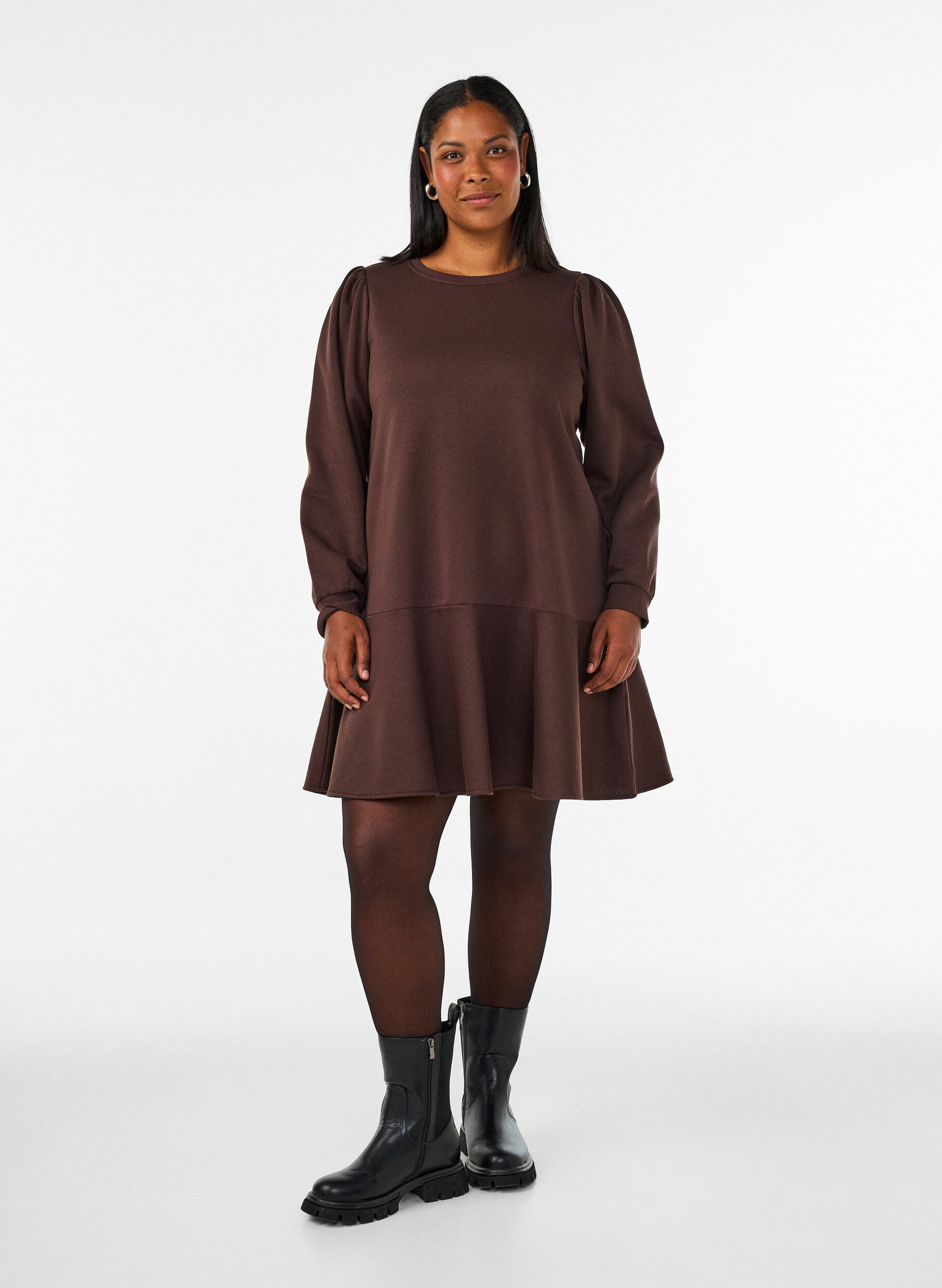 ZizzifashionSweatshirt dress with ruffle layers and A-line shape, Brown, Model image number 1