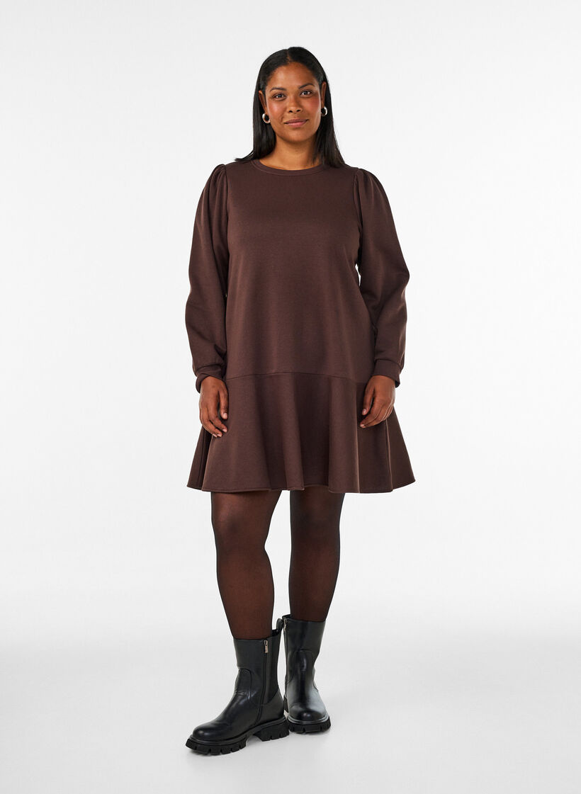 Sweatshirt dress with ruffle layers and A-line shape, Brown, Model image number 1