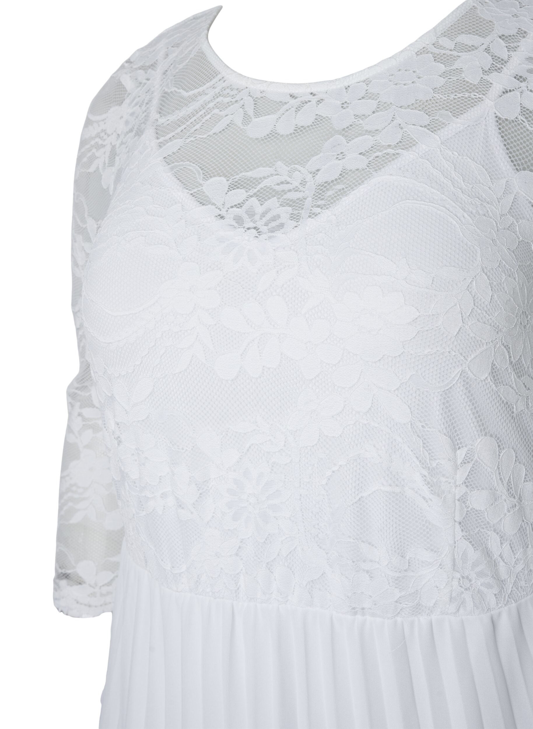 Zizzifashion Pleated dress with lace and 3/4 sleeves, Bright White, Packshot image number 2