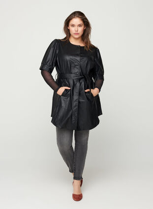Imitation leather tunic with a waist tie, Black, Model image number 2