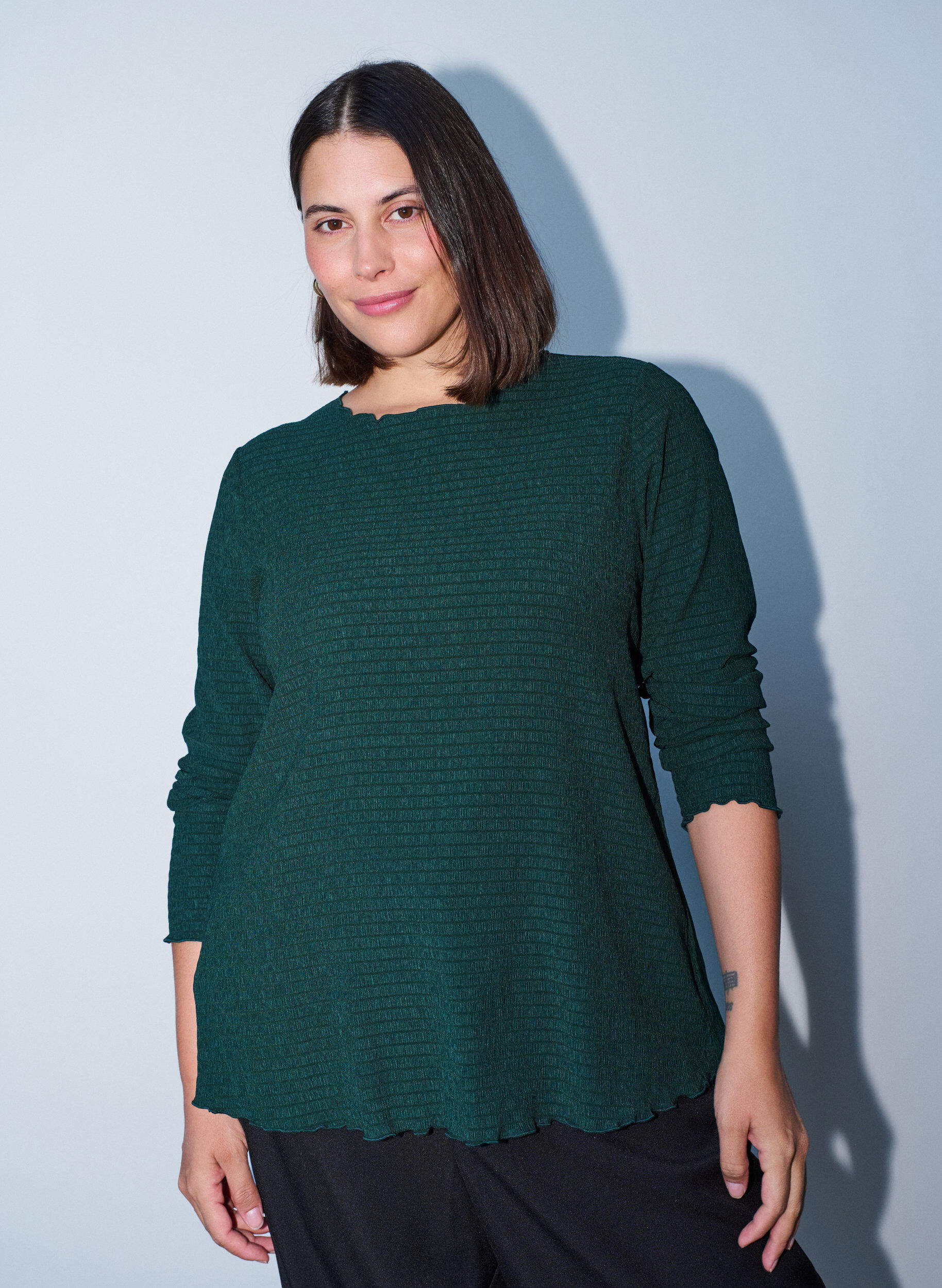 ZizzifashionTextured blouse with wavy edges, Green, Model image number 0