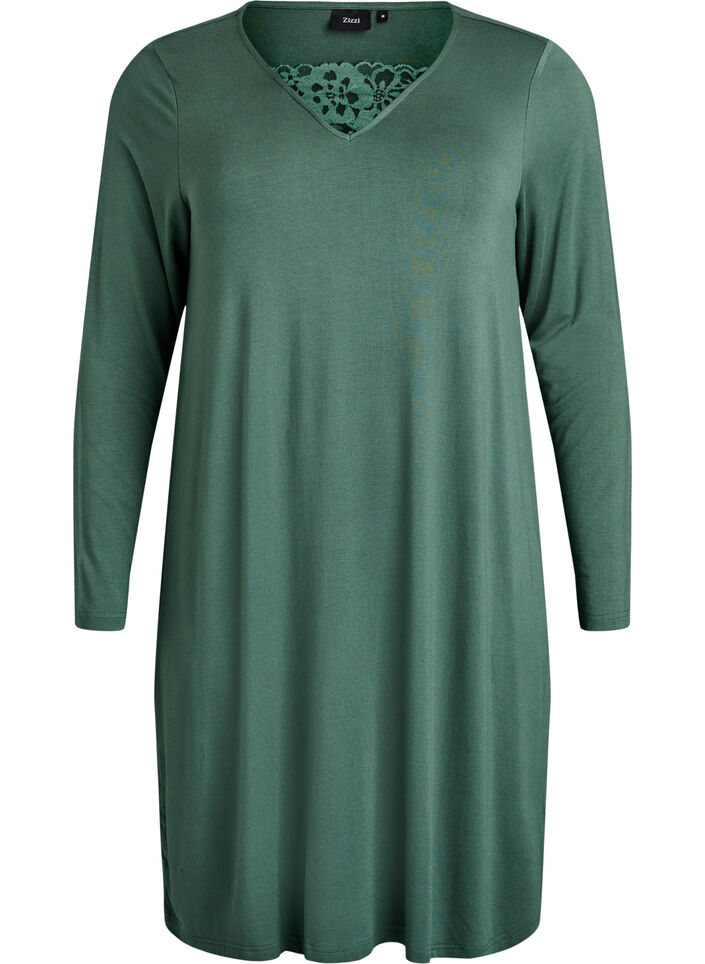 Long-sleeved nightgown with lace insert and V-neck, Green, Packshot image number 0