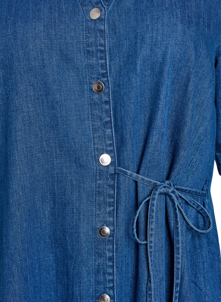 Denim dress with buttons and tie detail, Blue, Packshot