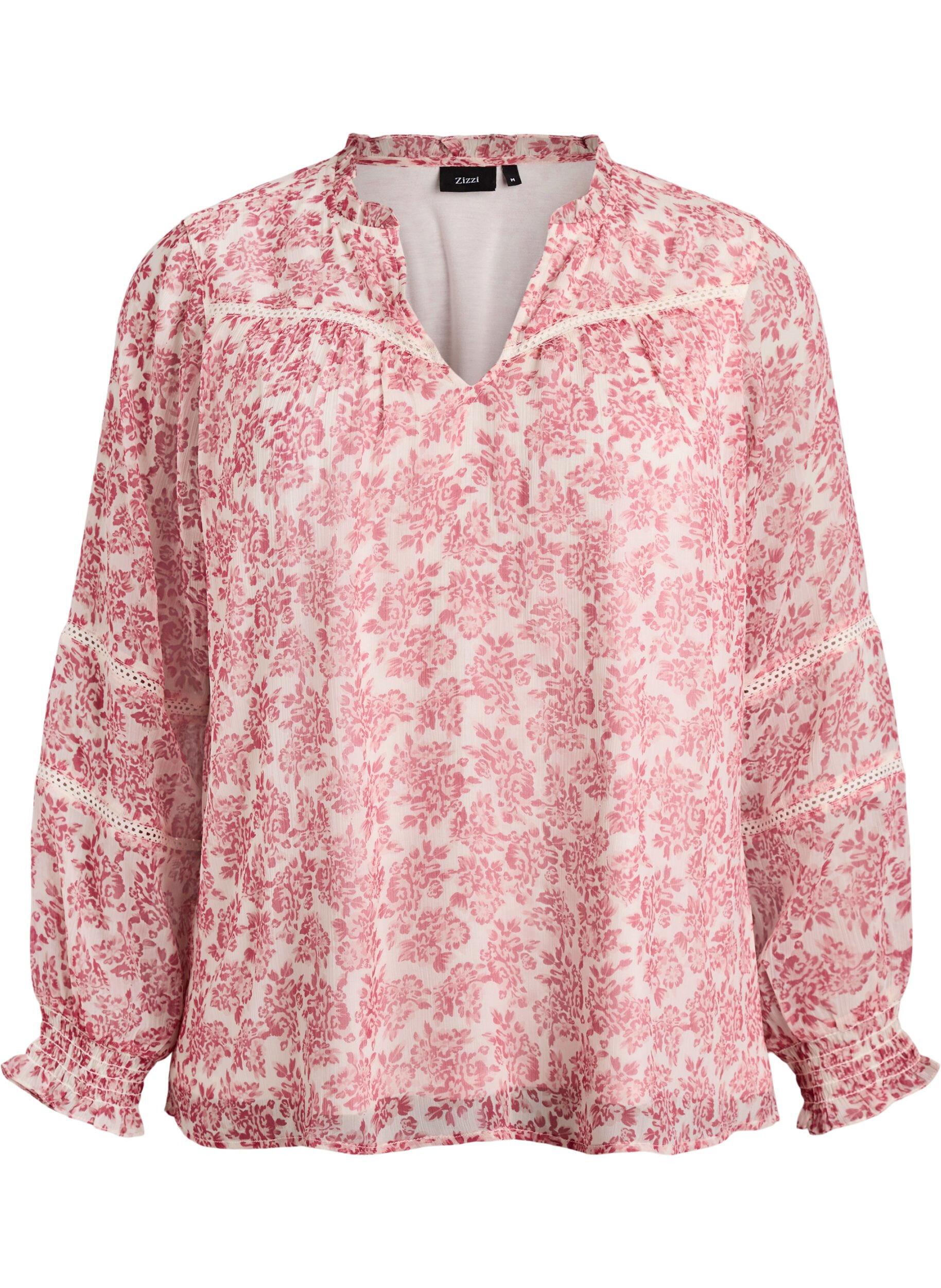 Chiffon blouse with floral print and crochet trim