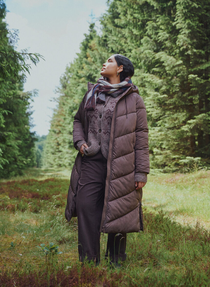 Long puffer coat with hood and pockets, Brown, Image image number 0