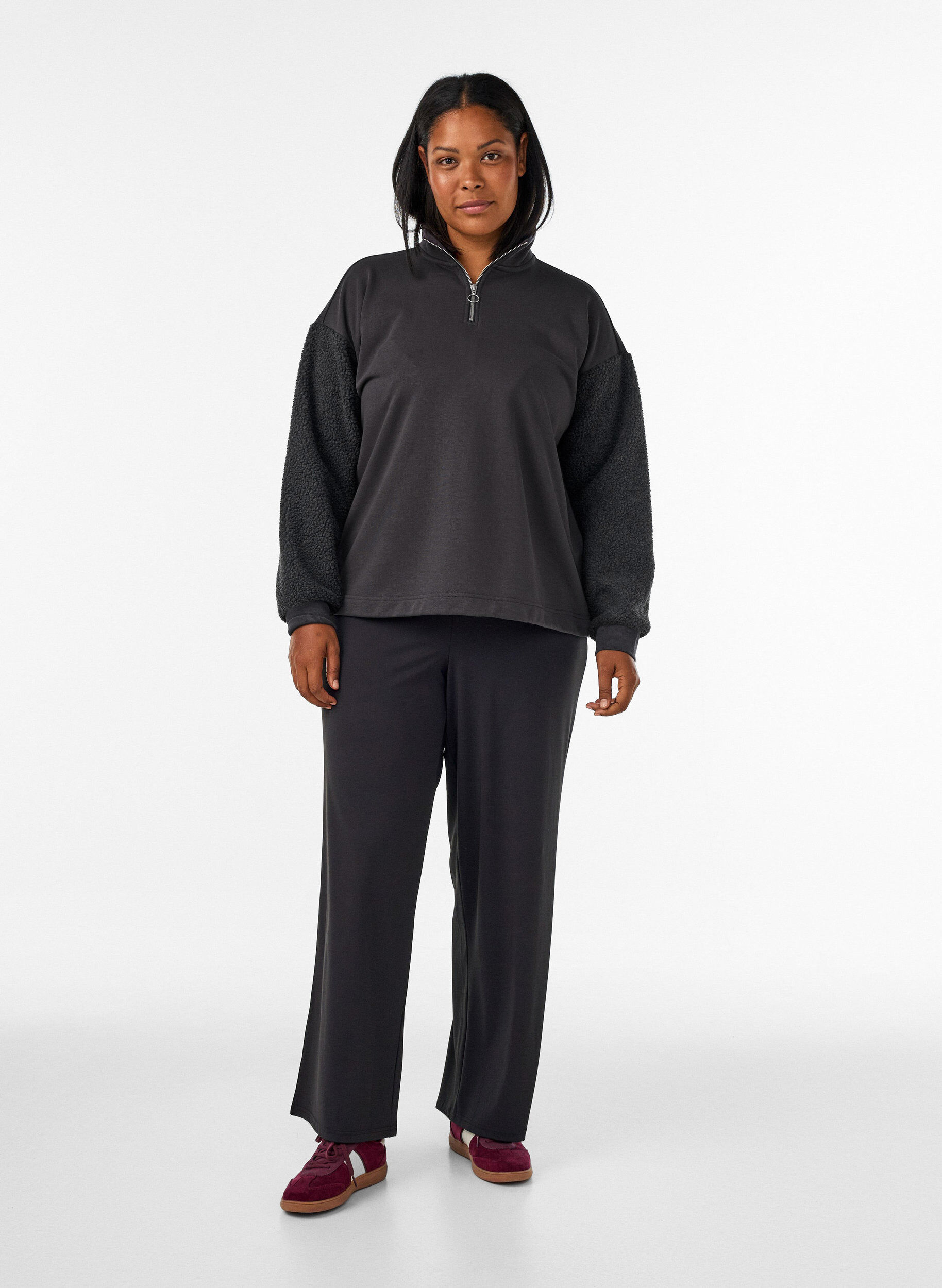ZizzifashionSweatshirt with teddy sleeves and a high neck, Dark Grey, Model image number 1
