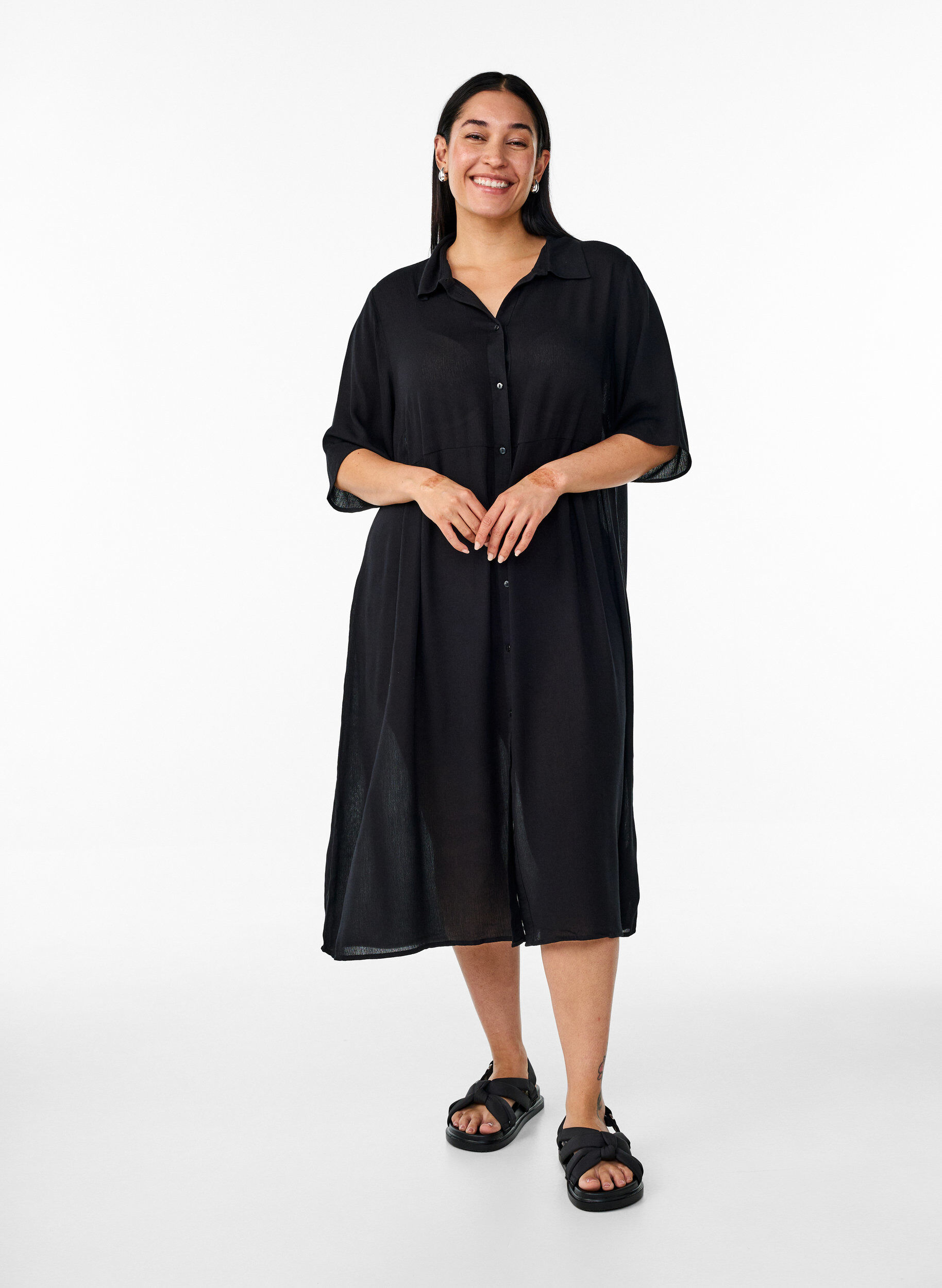 Midi shirt dress with short sleeves, Black, Model