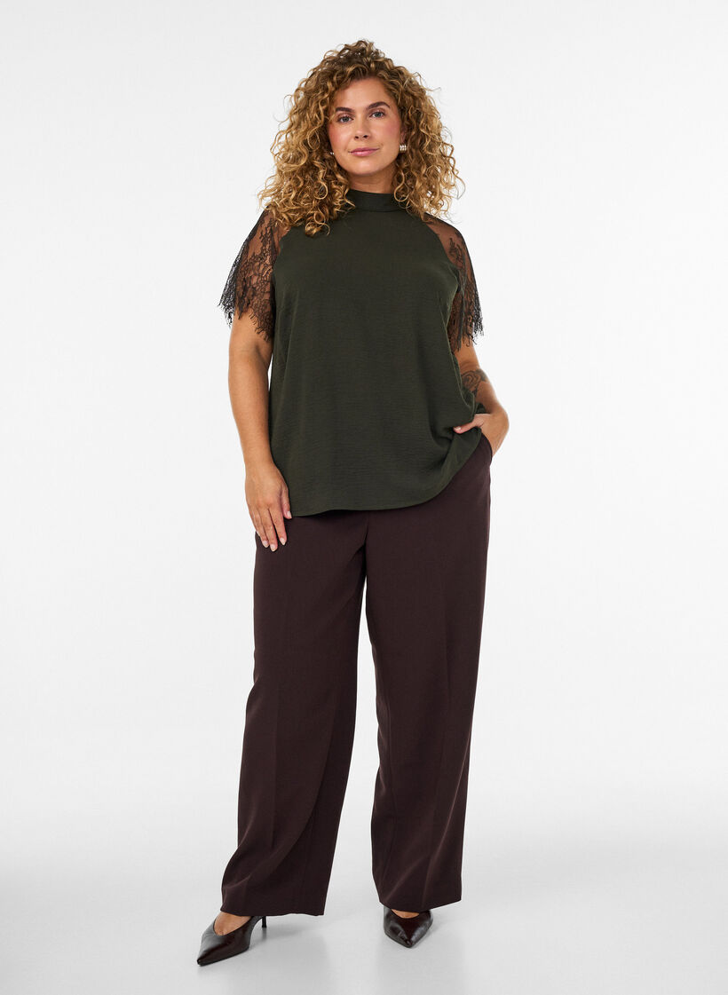 Blouse with short lace sleeves and high neck, Green, Model image number 1