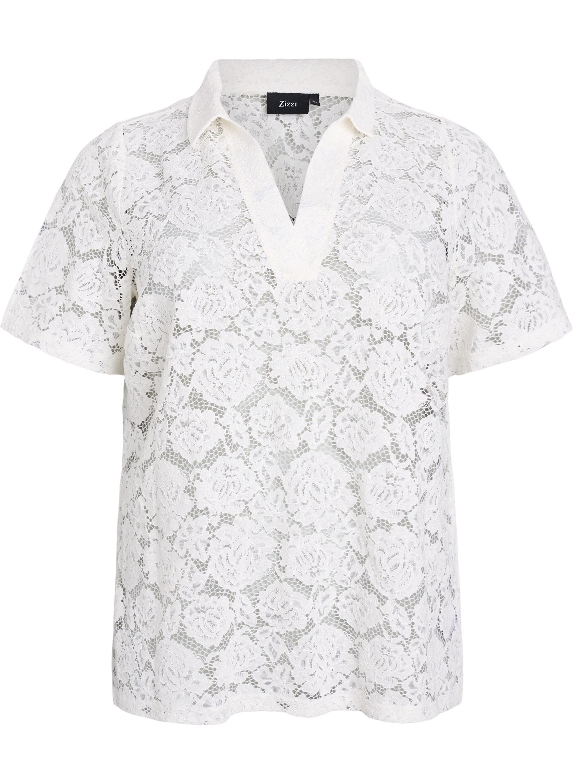 Zizzifashion Lace blouse with a collar and V-neck, Vanilla, Packshot image number 0