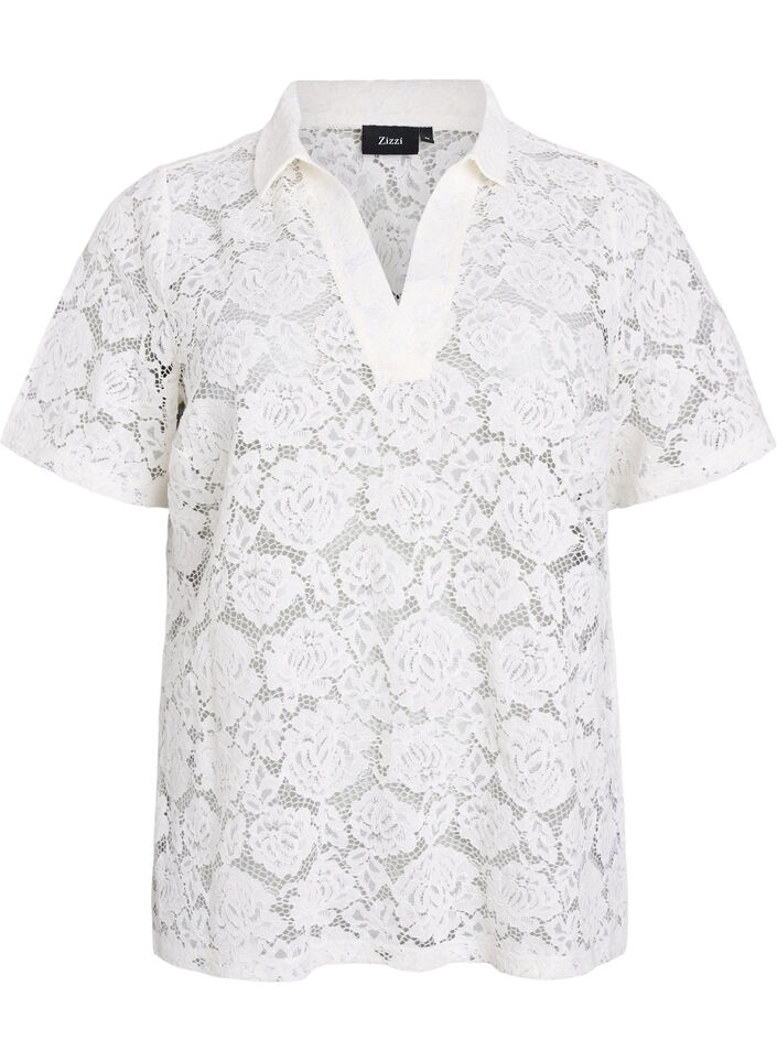 Lace blouse with a collar and V-neck, Vanilla, Packshot image number 0