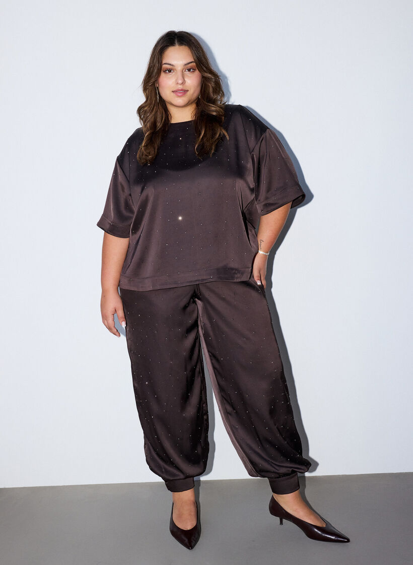 Satin blouse with rhinestones and elbow-length sleeves, Brown, Model image number 1
